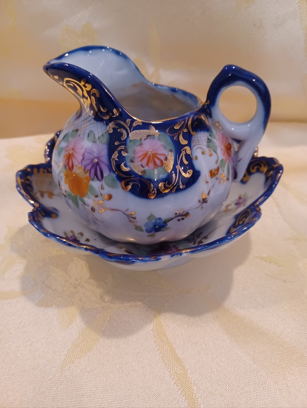Vintage Porcelain Blue Floral Creamer And Bowl Set
